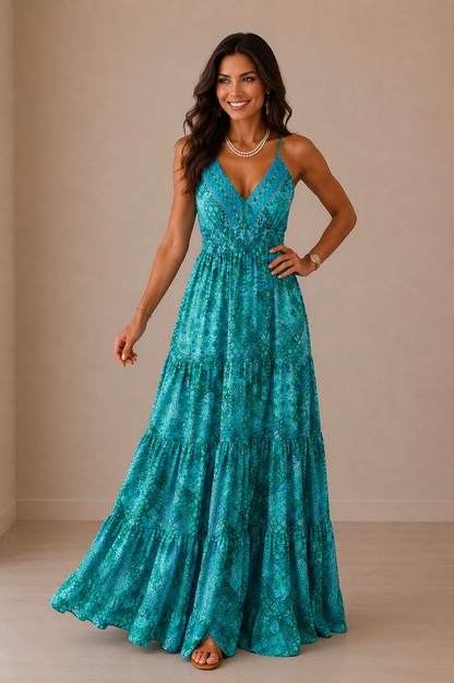 Vestido Cashia Taormina color turquesa con estampado bohemio, modelo Cashia morena de 35 años, cuerpo entero frontal, pose elegante, fondo nude con suelo definido y sandalias planas.