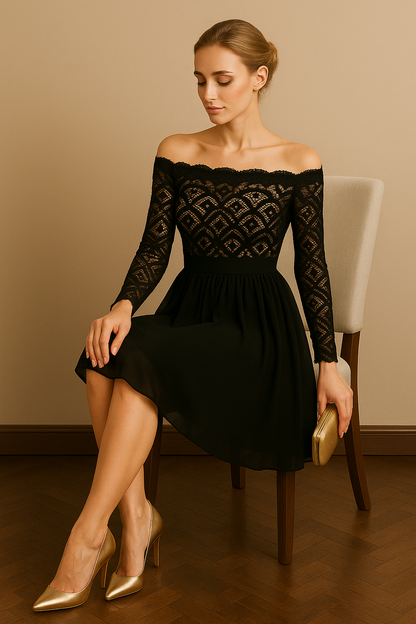 Vestido Cashia Boston, color negro, sin hombros, con diseño plisado y manga larga, de encaje, modelo sentada